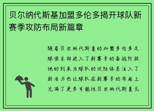 贝尔纳代斯基加盟多伦多揭开球队新赛季攻防布局新篇章